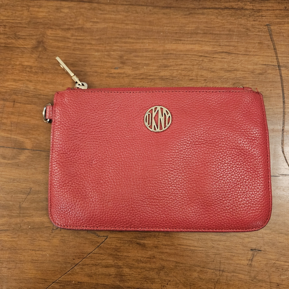 DKNY Women's Zip Red Wristlet Purse Pebbled Leather Gold Missing Wrist Strap